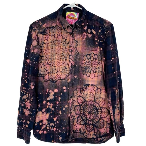 Handmade Flannel Shirt Womens Small Boho Stencil Bleached Upcycled Floral Plaid - Picture 1 of 7